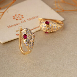 Pink Eyed Serpent Earrings-Gold